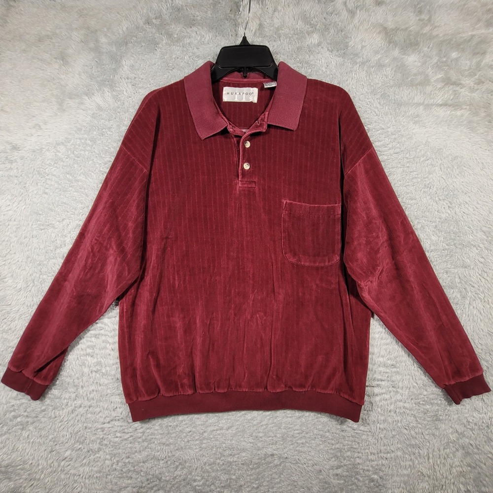 Hukapoo Mens Burgundy Velour Polo Shirt Long Sleeve Pocket Medium